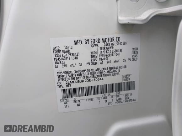 ✅ 2013 Lincoln MKX • VIN: 2LMDJ6JK2DBL60344 • Lot: 43498305. Listed on IAAI with 138,651 mi. Free auction sales archive from the USA and detailed vehicle history report at DreamBid. Image 9.