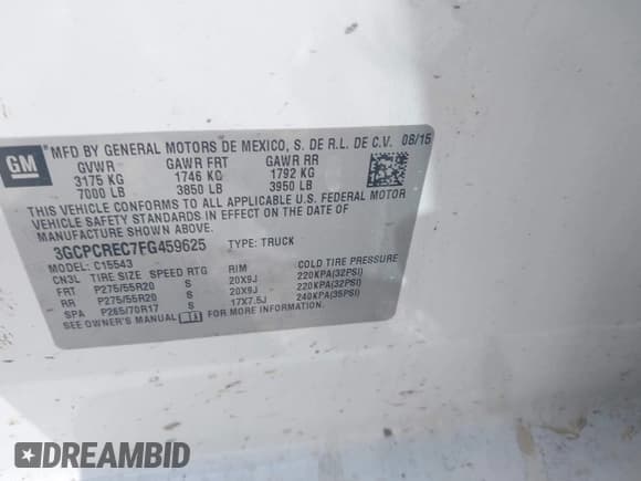 ✅ 2015 Chevrolet Silverado 1500 LT • VIN: 3GCPCREC7FG459625 • Lot: 42986081. Listed on IAAI with Not provided. Free auction sales archive from the USA and detailed vehicle history report at DreamBid. Image 9.