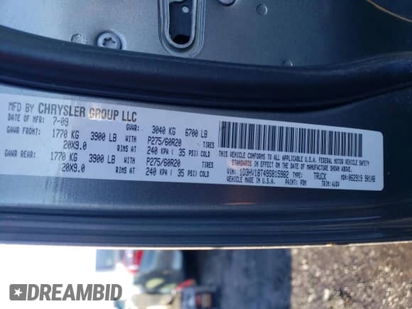 2009 Dodge 1500 SLT с VIN 1D3HV18T49S815982, выставлен на аукционе Copart как лот 82655194 с пробегом 220 176 миль миль и Чистый • Clean title. История ставок и продаж доступна на DreamBid. Изображение 12.