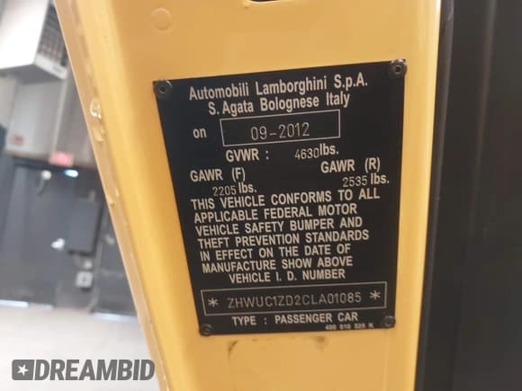 ✅ 2012 Lamborghini Aventador • VIN: ZHWUC1ZD2CLA01085 • Lot: 41274304. Listed on IAAI with 11,058 mi. Free auction sales archive from the USA and detailed vehicle history report at DreamBid. Image 9.