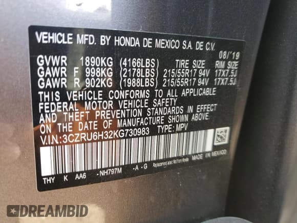 ✅ 2019 Honda HR-V LX • VIN: 3CZRU6H32KG730983 • Lot: 90810705. Listed on Copart with 60,572 mi. Free auction sales archive from the USA and detailed vehicle history report at DreamBid. Image 13.