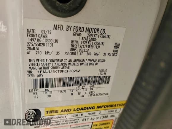 ✅ 2015 Ford Expedition Limited • VIN: 1FMJU1KT8FEF30262 • Lot: 96756495. Wystawiony na Copart z przebiegiem 194 571 mil. Bezpłatny archiwum sprzedaży aukcyjnych z USA i szczegółowy raport historii pojazdu na DreamBid. Zdjęcie 13.