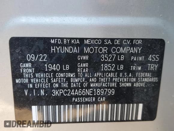✅ 2022 Hyundai Accent SE • VIN: 3KPC24A66NE189799 • Лот: 86903714. Опубликован ранее на Copart с пробегом Не указан. Бесплатный доступ к архиву аукционных продаж из США и подробный отчёт об истории автомобиля на DreamBid. Изображение 12.