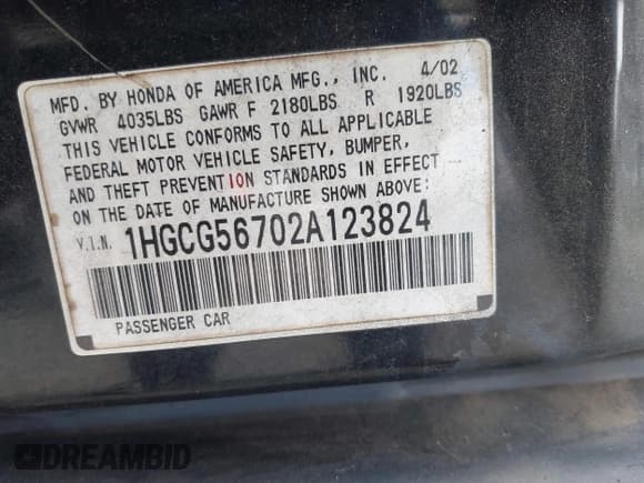 ✅ 2002 Honda Accord SE • VIN: 1HGCG56702A123824 • Lot: 43840615. Listed on IAAI with Not provided. Free auction sales archive from the USA and detailed vehicle history report at DreamBid. Image 9.