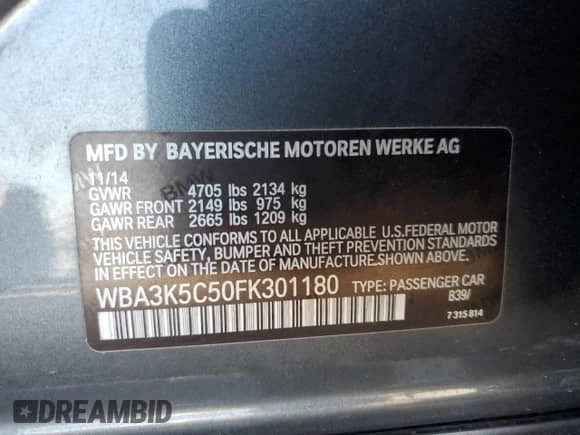2015 BMW 3 Series 328d xDrive z VIN WBA3K5C50FK301180, wystawiony jako Copart lot #87468704 z przebiegiem Nie podano mil oraz Szkoda całkowita • Salvage title. Historia ofert i sprzedaży dostępna na DreamBid. Obrazek 12.