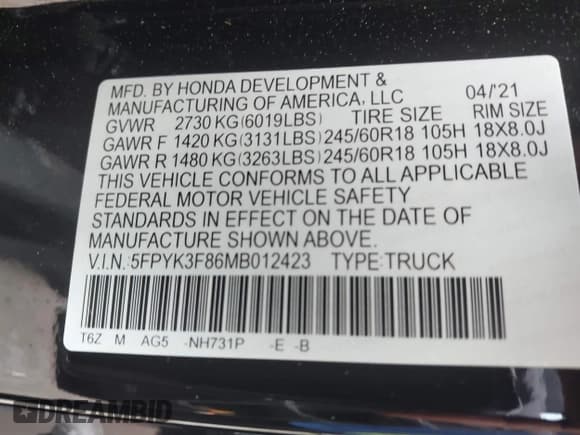 ✅ 2021 Honda Ridgeline Black Edition • VIN: 5FPYK3F86MB012423 • Lot: 42376693. Wystawiony na IAAI z przebiegiem 28 017 mil. Bezpłatny archiwum sprzedaży aukcyjnych z USA i szczegółowy raport historii pojazdu na DreamBid. Zdjęcie 9.