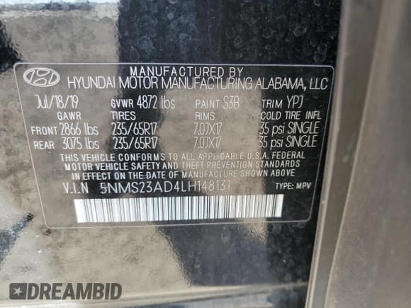 ✅ 2020 Hyundai Santa Fe SE • VIN: 5NMS23AD4LH148131 • Лот: 42197603. Опубликован ранее на Copart с пробегом 59 904 миль. Бесплатный доступ к архиву аукционных продаж из США и подробный отчёт об истории автомобиля на DreamBid. Изображение 14.