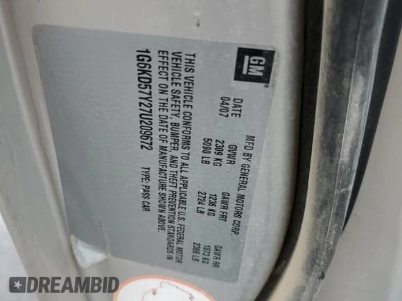 ✅ 2007 Cadillac DTS Luxury I • VIN: 1G6KD57Y27U209672 • Лот: 89812665. Опубликован ранее на Copart с пробегом Не указан. Бесплатный доступ к архиву аукционных продаж из США и подробный отчёт об истории автомобиля на DreamBid. Изображение 13.