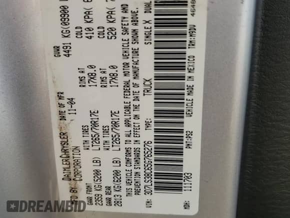 2005 Dodge 3500 SLT z VIN 3D7LS38C65G765276, wystawiony jako Copart lot #82686404 z przebiegiem 217 359 mil mil oraz Czysty tytuł • Clean title. Historia ofert i sprzedaży dostępna na DreamBid. Obrazek 12.