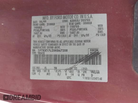 ✅ 1999 Ford F-150 XL • VIN: 1FTRX17L2XKB67208 • Lot: 42072059. Listed on IAAI with Not provided. Free auction sales archive from the USA and detailed vehicle history report at DreamBid. Image 9.