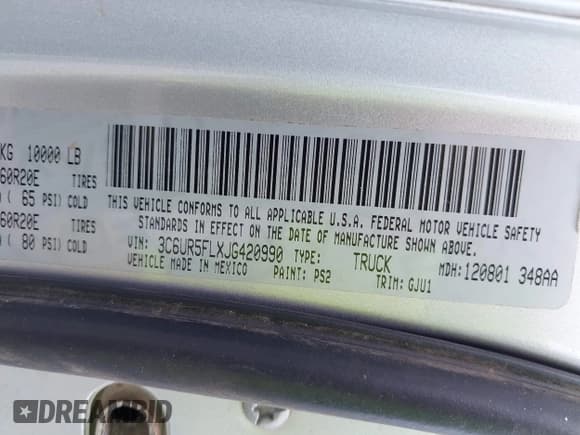 ✅ 2018 Ram 2500 Laramie • VIN: 3C6UR5FLXJG420990 • Lot: 42069972. Listed on IAAI with Not provided. Free auction sales archive from the USA and detailed vehicle history report at DreamBid. Image 9.