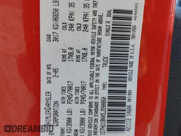 ✅ 2005 Dodge 1500 SLT • VIN: 1D7HU18NX5J590860 • Лот: 73739694. Опубликован ранее на Copart с пробегом 124 644 миль. Бесплатный доступ к архиву аукционных продаж из США и подробный отчёт об истории автомобиля на DreamBid. Изображение 14.