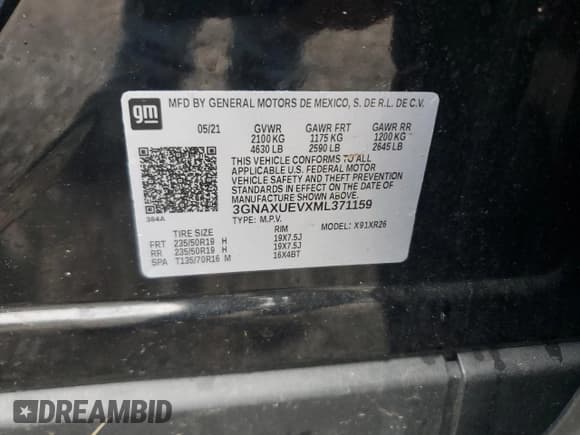 ✅ 2021 Chevrolet Equinox LT • VIN: 3GNAXUEVXML371159 • Lot: 57820395. Listed on Copart with 52,554 mi. Free auction sales archive from the USA and detailed vehicle history report at DreamBid. Image 13.