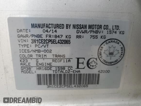 ✅ 2014 Nissan Note SV • VIN: 3N1CE2CP5EL432065 • Лот: 59479525. Опубликован ранее на Copart с пробегом 114 527 миль. Бесплатный доступ к архиву аукционных продаж из США и подробный отчёт об истории автомобиля на DreamBid. Изображение 12.