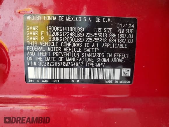 ✅ 2024 Honda HR-V Sport • VIN: 3CZRZ2H57RM764957 • Lot: 81696725. Listed on Copart with 27,251 mi. Free auction sales archive from the USA and detailed vehicle history report at DreamBid. Image 13.