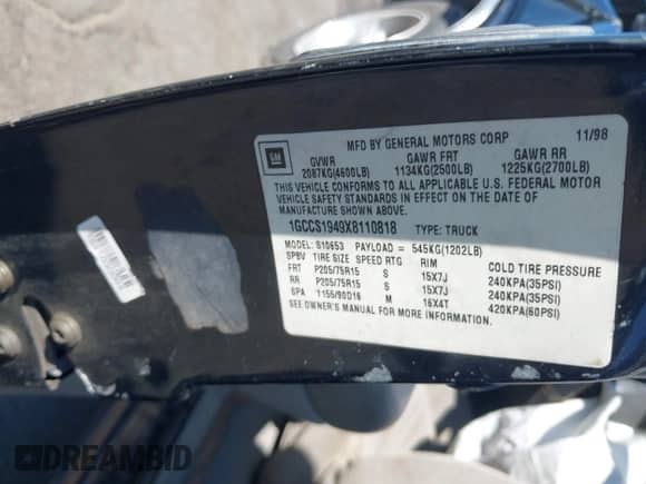 1999 Chevrolet S-10 LS Xtreme с VIN 1GCCS1949X8110818, выставлен на аукционе IAAI как лот 42033054 с пробегом Не указан миль и . История ставок и продаж доступна на DreamBid. Изображение 9.