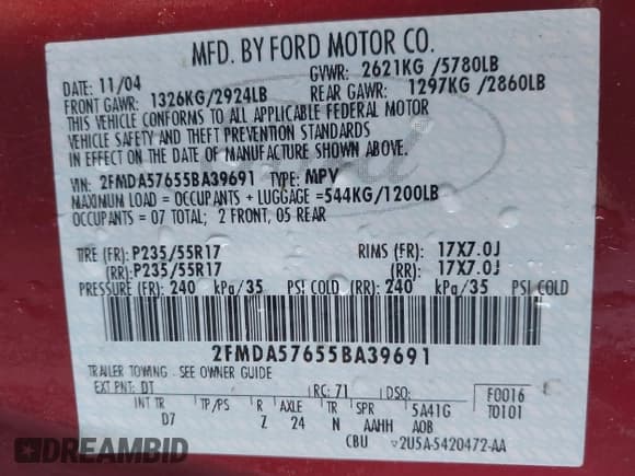 ✅ 2005 Ford Freestar • VIN: 2FMDA57655BA39691 • Lot: 43442137. Listed on IAAI with 192,705 mi. Free auction sales archive from the USA and detailed vehicle history report at DreamBid. Image 9.