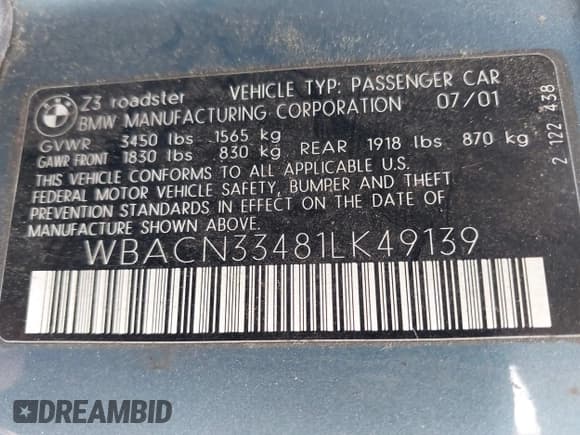 ✅ 2001 BMW Z3 2.5 • VIN: WBACN33481LK49139 • Lot: 41812649. Wystawiony na IAAI z przebiegiem 143 226 mil. Bezpłatny archiwum sprzedaży aukcyjnych z USA i szczegółowy raport historii pojazdu na DreamBid. Zdjęcie 9.