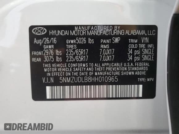 ✅ 2017 Hyundai Santa Fe 2.4L • VIN: 5NMZUDLB8HH010965 • Лот: 65143874. Опубликован ранее на Copart с пробегом 74 773 миль. Бесплатный доступ к архиву аукционных продаж из США и подробный отчёт об истории автомобиля на DreamBid. Изображение 15.