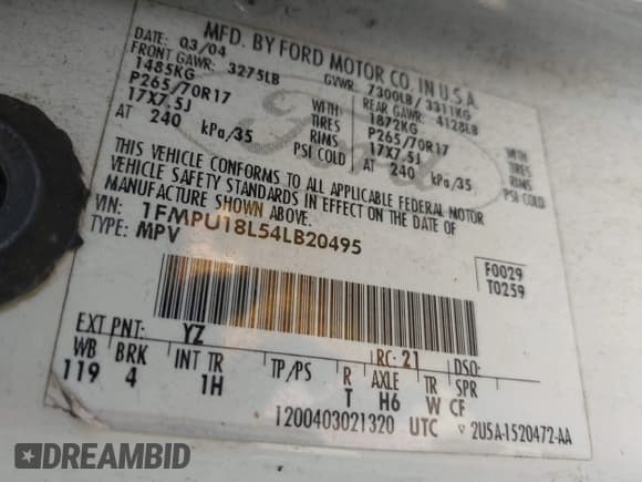 ✅ 2004 Ford Expedition Eddie Bauer • VIN: 1FMPU18L54LB20495 • Lot: 42503343. Listed on IAAI with 299,164 mi. Free auction sales archive from the USA and detailed vehicle history report at DreamBid. Image 9.