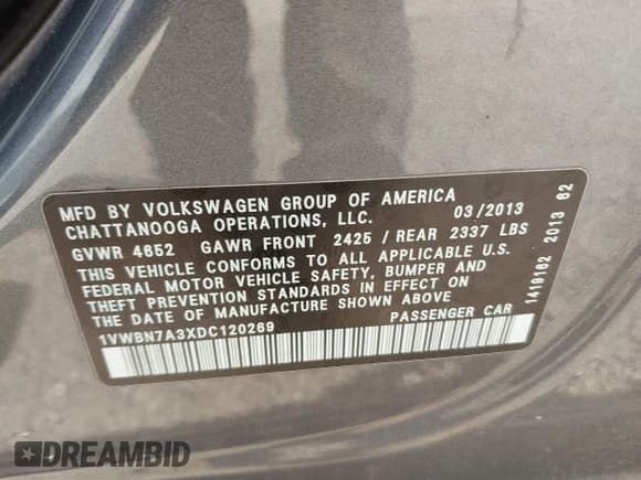 ✅ 2013 Volkswagen Passat SE • VIN: 1VWBN7A3XDC120269 • Lot: 43346556. Listed on IAAI with 184,219 mi. Free auction sales archive from the USA and detailed vehicle history report at DreamBid. Image 9.