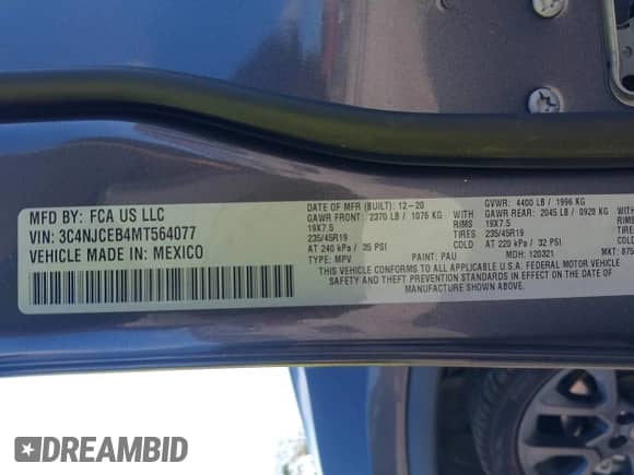 2021 Jeep Compass 80th Anniversary with VIN 3C4NJCEB4MT564077, listed as a IAAI auction lot 42323844 with 44,241 mi miles and . Bid and sale history available at DreamBid. Image 9.