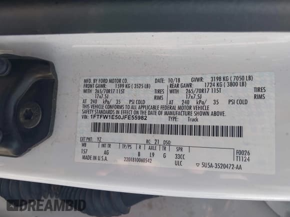 ✅ 2018 Ford F-150 XL • VIN: 1FTFW1E50JFE55982 • Lot: 43891552. Listed on IAAI with 149,170 mi. Free auction sales archive from the USA and detailed vehicle history report at DreamBid. Image 9.