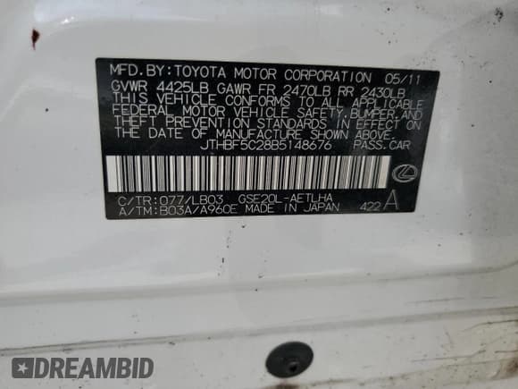 ✅ 2011 Lexus IS 250 • VIN: JTHBF5C28B5148676 • Lot: 58065545. Listed on Copart with Not provided. Free auction sales archive from the USA and detailed vehicle history report at DreamBid. Image 12.