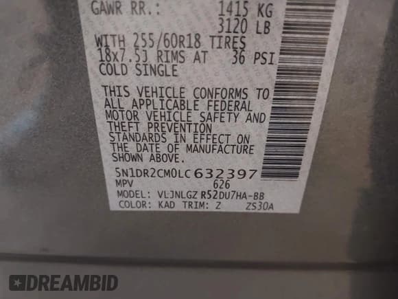 ✅ 2020 Nissan Pathfinder SL • VIN: 5N1DR2CM0LC632397 • Lot: 42806483. Listed on IAAI with 65,741 mi. Free auction sales archive from the USA and detailed vehicle history report at DreamBid. Image 9.