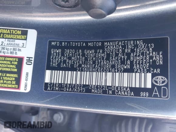 ✅ 2014 Toyota Corolla LE Premium • VIN: 2T1BURHE6EC016427 • Lot: 42770856. Wystawiony na IAAI z przebiegiem 118 431 mil. Bezpłatny archiwum sprzedaży aukcyjnych z USA i szczegółowy raport historii pojazdu na DreamBid. Zdjęcie 9.