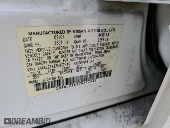 ✅ 2007 Nissan Altima SL • VIN: 1N4BL21E17N477545 • Lot: 60597075. Listed on Copart with 179,592 mi. Free auction sales archive from the USA and detailed vehicle history report at DreamBid. Image 12.