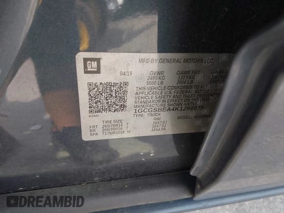 ✅ 2019 Chevrolet Colorado 2WD Work Truck • VIN: 1GCGSBEA4K1298975 • Lot: 41866426. Listed on IAAI with 115,625 mi. Free auction sales archive from the USA and detailed vehicle history report at DreamBid. Image 9.