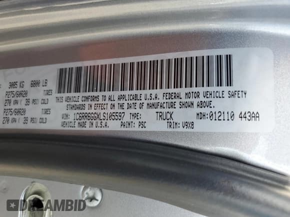 ✅ 2020 Ram 1500 Warlock • VIN: 1C6RR6GGXLS105597 • Lot: 65470795. Wystawiony na Copart z przebiegiem 96 197 mil. Bezpłatny archiwum sprzedaży aukcyjnych z USA i szczegółowy raport historii pojazdu na DreamBid. Zdjęcie 12.