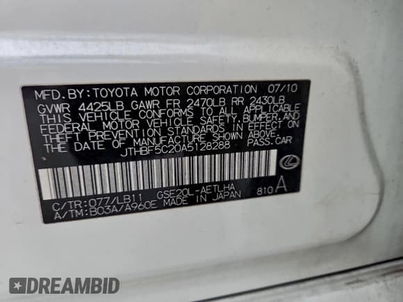 ✅ 2010 Lexus IS 250 • VIN: JTHBF5C20A5128288 • Lot: 94405815. Listed on Copart with Not provided. Free auction sales archive from the USA and detailed vehicle history report at DreamBid. Image 13.