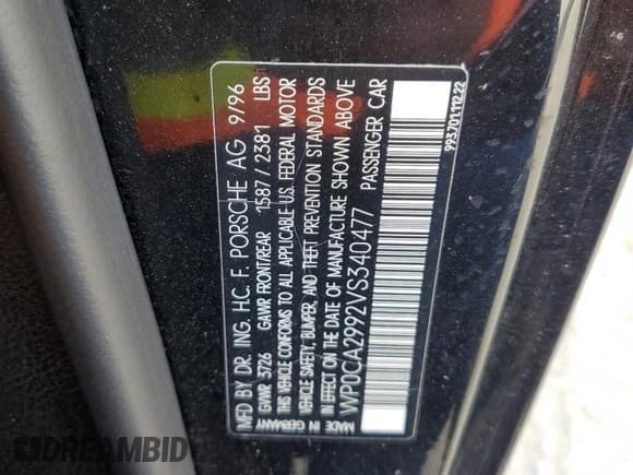 ✅ 1997 Porsche 911 • VIN: WP0CA2992VS340477 • Lot: 74902124. Listed on Copart with 41,871 mi. Free auction sales archive from the USA and detailed vehicle history report at DreamBid. Image 12.