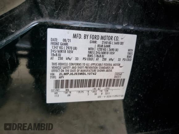 ✅ 2021 Lincoln Nautilus Standard • VIN: 2LMPJ6J93MBL10742 • Lot: 88788335. Listed on Copart with 65,428 mi. Free auction sales archive from the USA and detailed vehicle history report at DreamBid. Image 13.