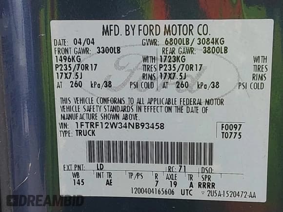 ✅ 2004 Ford F-150 XL • VIN: 1FTRF12W34NB93458 • Lot: 42444124. Listed on IAAI with 154,946 mi. Free auction sales archive from the USA and detailed vehicle history report at DreamBid. Image 9.