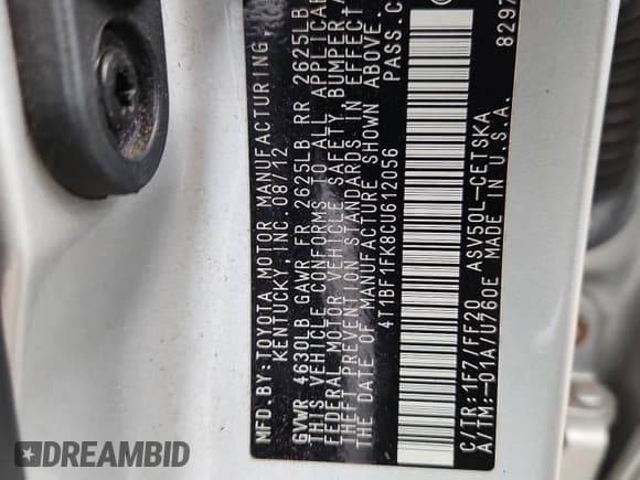 ✅ 2012 Toyota Camry LE • VIN: 4T1BF1FK8CU612056 • Lot: 82143635. Listed on Copart with 126,074 mi. Free auction sales archive from the USA and detailed vehicle history report at DreamBid. Image 12.