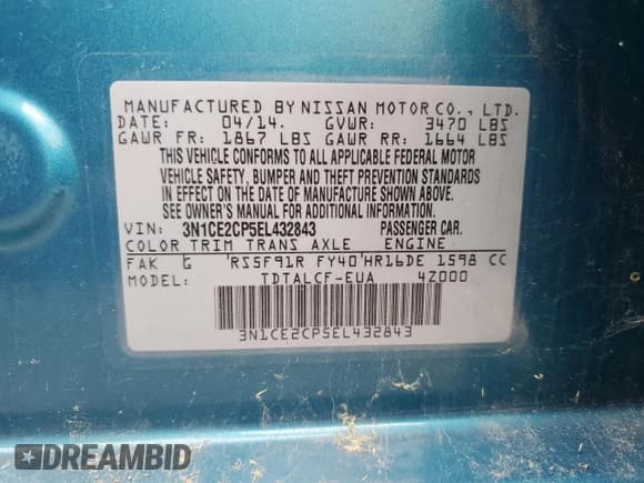 ✅ 2014 Nissan Note SV • VIN: 3N1CE2CP5EL432843 • Lot: 80937465. Listed on Copart with 119,960 mi. Free auction sales archive from the USA and detailed vehicle history report at DreamBid. Image 10.