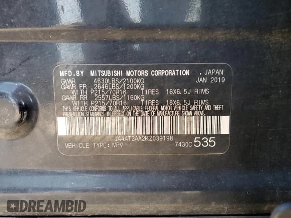 ✅ 2019 Mitsubishi Eclipse Cross ES • VIN: JA4AT3AA2KZ039198 • Lot: 80149025. Wystawiony na Copart z przebiegiem 136 727 mil. Bezpłatny archiwum sprzedaży aukcyjnych z USA i szczegółowy raport historii pojazdu na DreamBid. Zdjęcie 13.