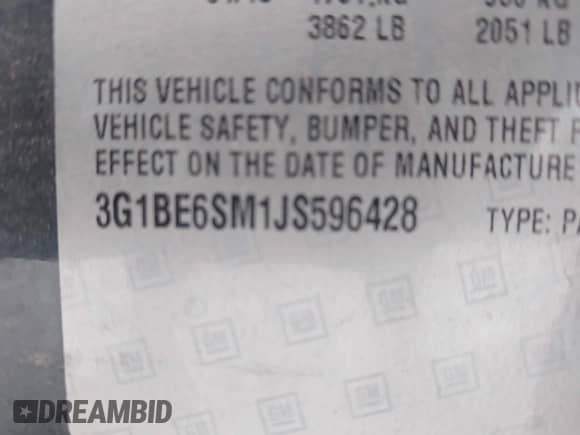 2018 Chevrolet Cruze LT с VIN 3G1BE6SM1JS596428, выставлен на аукционе IAAI как лот 42985370 с пробегом 70 184 миль миль и . История ставок и продаж доступна на DreamBid. Изображение 9.