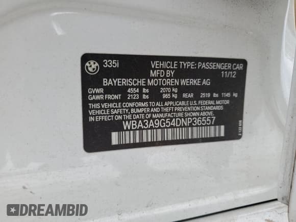 ✅ 2013 BMW 3 Series 335i • VIN: WBA3A9G54DNP36557 • Lot: 84548155. Wystawiony na Copart z przebiegiem 130 167 mil. Bezpłatny archiwum sprzedaży aukcyjnych z USA i szczegółowy raport historii pojazdu na DreamBid. Zdjęcie 12.