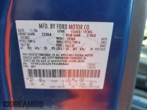 ✅ 2007 Ford Escape XLT • VIN: 1FMCU03Z67KB86844 • Lot: 92916265. Listed on Copart with 312,604 mi. Free auction sales archive from the USA and detailed vehicle history report at DreamBid. Image 14.