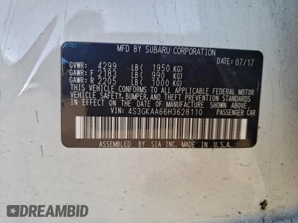 ✅ 2017 Subaru Impreza • VIN: 4S3GKAA66H3628110 • Lot: 93692145. Listed on Copart with 95,259 mi. Free auction sales archive from the USA and detailed vehicle history report at DreamBid. Image 13.