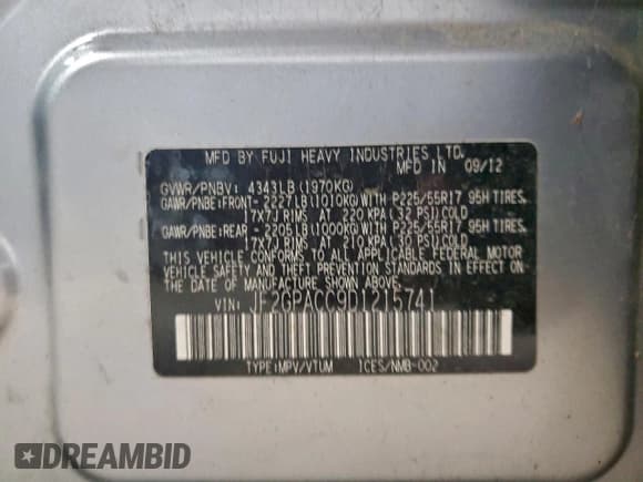 ✅ 2013 Subaru Crosstrek Premium • VIN: JF2GPACC9D1215741 • Lot: 95694055. Listed on Copart with 158,693 mi. Free auction sales archive from the USA and detailed vehicle history report at DreamBid. Image 13.