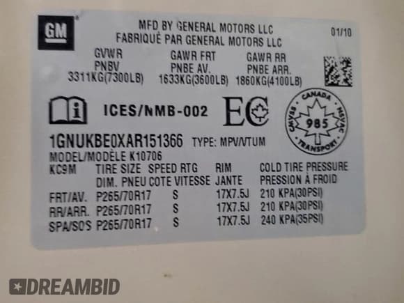 ✅ 2010 Chevrolet Tahoe LT • VIN: 1GNUKBE0XAR151366 • Lot: 95060655. Listed on Copart with 267,925 mi. Free auction sales archive from the USA and detailed vehicle history report at DreamBid. Image 13.