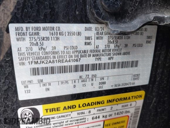 ✅ 2024 Ford Expedition Max Limited • VIN: 1FMJK2A81REA41067 • Lot: 42083414. Listed on IAAI with 39,383 mi. Free auction sales archive from the USA and detailed vehicle history report at DreamBid. Image 9.