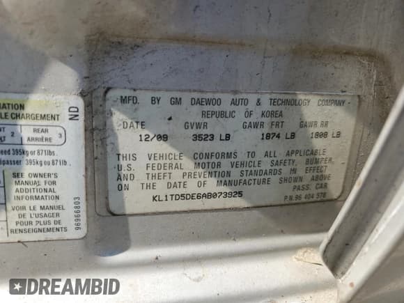 ✅ 2010 Chevrolet Aveo 1LT • VIN: KL1TD5DE6AB073925 • Lot: 46293655. Wystawiony na Copart z przebiegiem Nie podano. Bezpłatny archiwum sprzedaży aukcyjnych z USA i szczegółowy raport historii pojazdu na DreamBid. Zdjęcie 14.