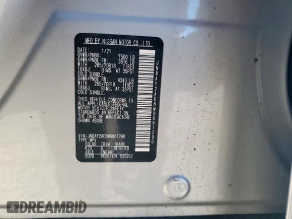 ✅ 2021 Nissan Armada SV • VIN: JN8AY2AD6M9661290 • Lot: 84639665. Listed on Copart with 120,203 mi. Free auction sales archive from the USA and detailed vehicle history report at DreamBid. Image 13.