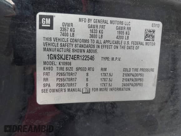 2014 Chevrolet Suburban LT z VIN 1GNSKJE74ER122546, wystawiony jako IAAI lot #42641722 z przebiegiem 435 000 mil mil oraz . Historia ofert i sprzedaży dostępna na DreamBid. Obrazek 9.